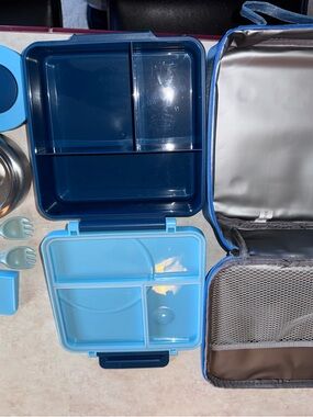 Kids Blue Bento Lunchbox Set with Matching Utensils